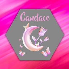 かわいらしピンク – 月，蝶，フローラ – モノグラム | ペーパーコースター