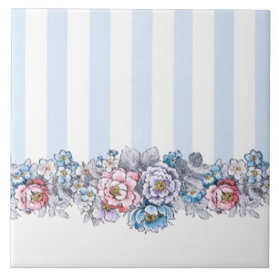 かわいらしピンク、紫、青の花とストライプ花 タイル