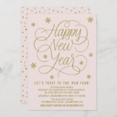 かわいらしピンク&金ゴールド大晦日パーティの招待状 招待状 (正面/裏面)