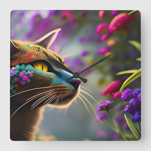 かわいらしファンタジー花猫 スクエア壁時計 (正面)