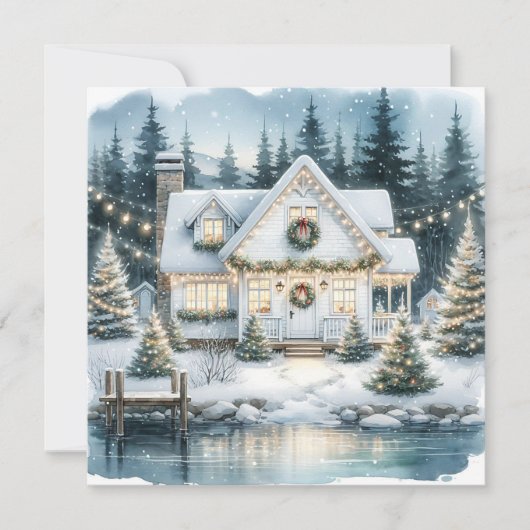 かわいらしフェスティバルハウスオンア凍っていレイククリスマス シーズンカード (正面)