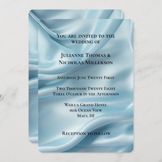 かわいらしフェミニンライトブルーフェイクサテン結婚ズ 招待状 (正面/裏面)