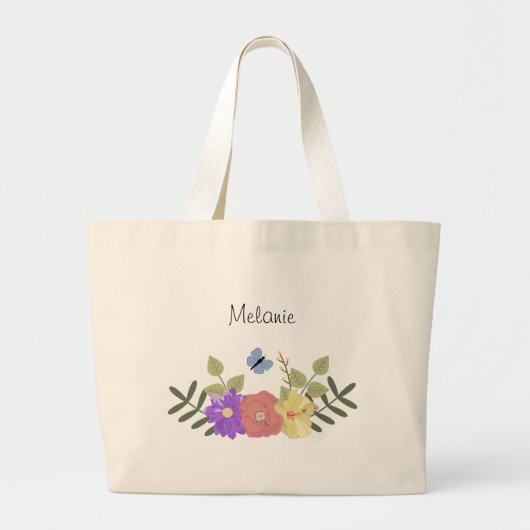 かわいらしフェミニン花と蝶パーソナライズされた ラージトートバッグ (正面)