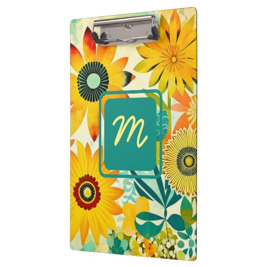 かわいらしフォークアートの花モノグラムの クリップボード (左)