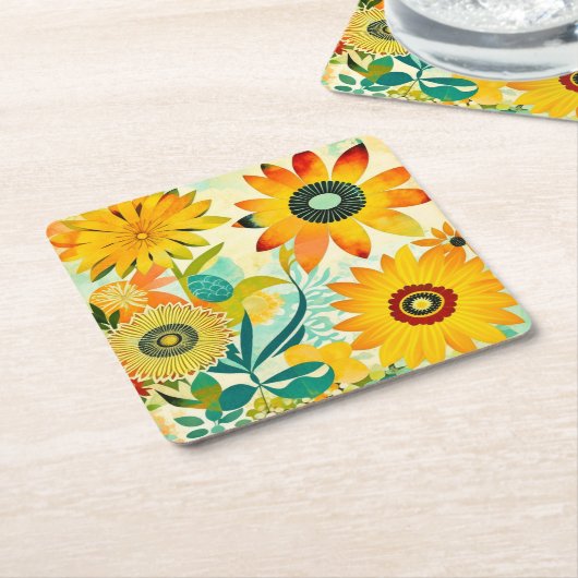かわいらしフォークアートイエローフラワーズ スクエアペーパーコースター (アングル)