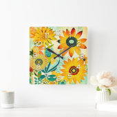 かわいらしフォークアートイエローフラワーズ スクエア壁時計 (ホーム)