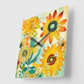 かわいらしフォークアートイエローフラワーズ スクエア壁時計 (傾斜)