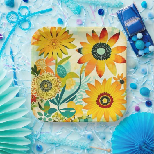 かわいらしフォークアートイエローフラワーズ ペーパープレート (パーティー)