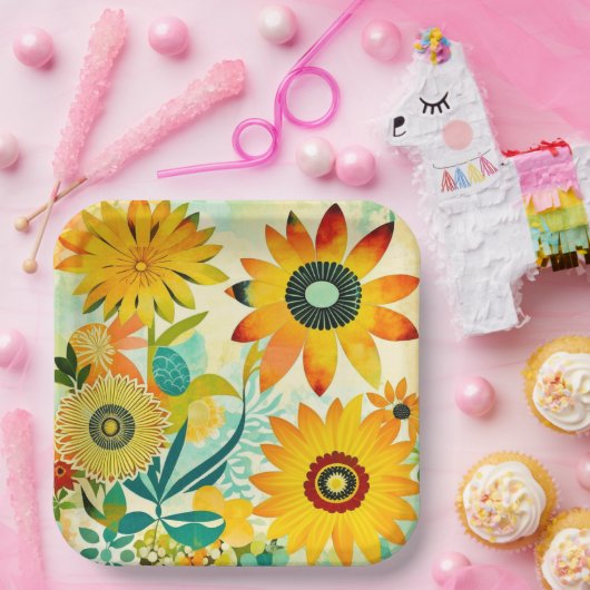 かわいらしフォークアートイエローフラワーズ ペーパープレート (パーティー)