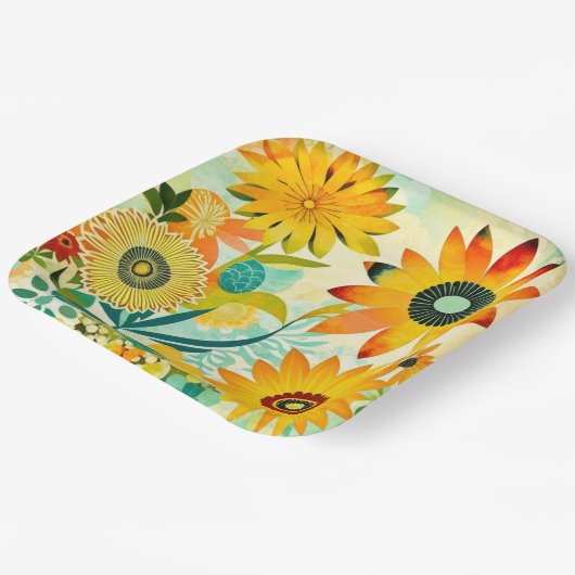 かわいらしフォークアートイエローフラワーズ ペーパープレート (傾斜あり)