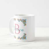 かわいらしフォークアートフローラフレームモノグラム名 コーヒーマグカップ (正面左)