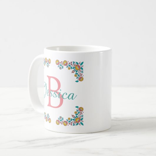 かわいらしフォークアートフローラフレームモノグラム名 コーヒーマグカップ (正面左)