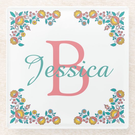 かわいらしフォークアートフローラフレームモノグラム ガラスコースター (正面)