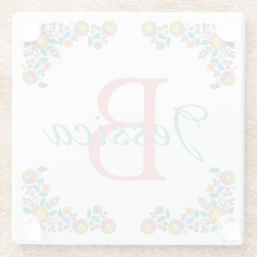 かわいらしフォークアートフローラフレームモノグラム ガラスコースター (裏面)