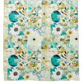 かわいらしフォークアートホワイトとターコイズの花 シャワーカーテン (正面)