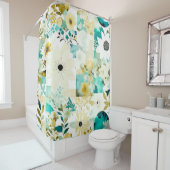 かわいらしフォークアートホワイトとターコイズの花 シャワーカーテン (インサイチュ)