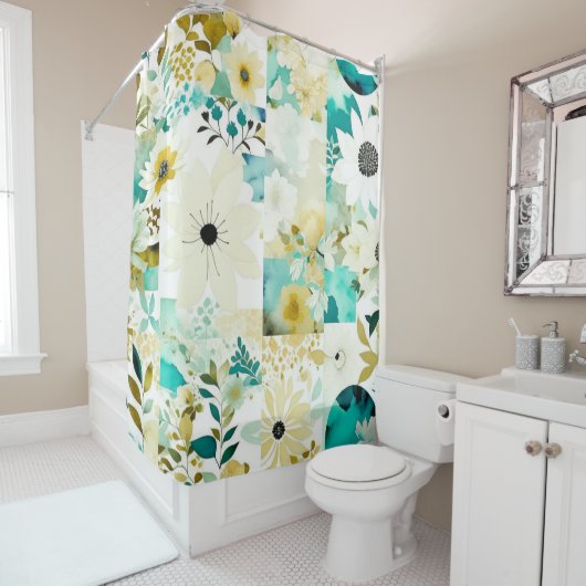 かわいらしフォークアートホワイトとターコイズの花 シャワーカーテン (インサイチュ)