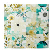 かわいらしフォークアートホワイトとターコイズの花 タイル (正面)