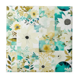 かわいらしフォークアートホワイトとターコイズの花 タイル