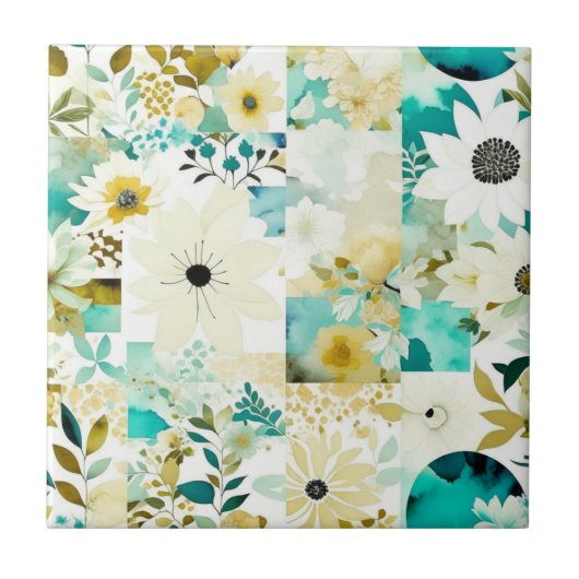 かわいらしフォークアートホワイトとターコイズの花 タイル (正面)