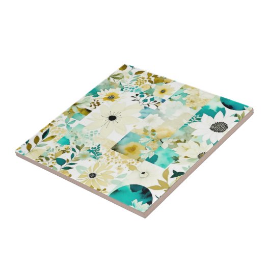 かわいらしフォークアートホワイトとターコイズの花 タイル (側面)