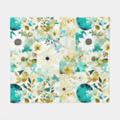 かわいらしフォークアートホワイトとターコイズの花 フリースブランケット (正面(横))