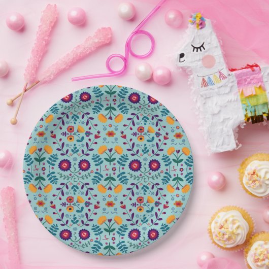 かわいらしフォークアート花の模様 ペーパープレート (パーティー)
