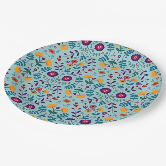 かわいらしフォークアート花の模様 ペーパープレート (アングル)