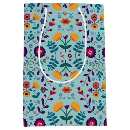 かわいらしフォークアート花の模様 ミディアムペーパーバッグ (正面)