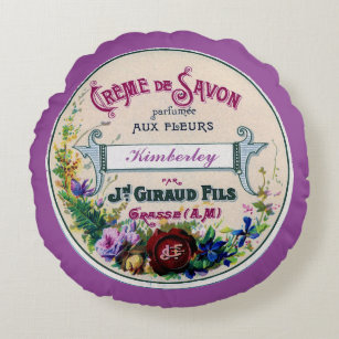 かわいらしフランスのヴィンテージサボンラベルカスタム紫色 ラウンドクッション