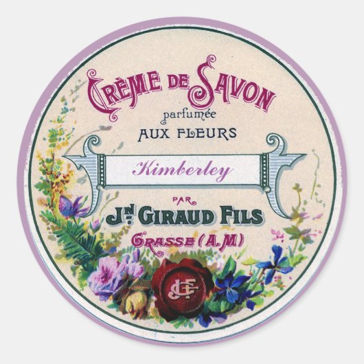 かわいらしフランスのヴィンテージサボンラベルカスタム紫色 ラウンドシール (正面)
