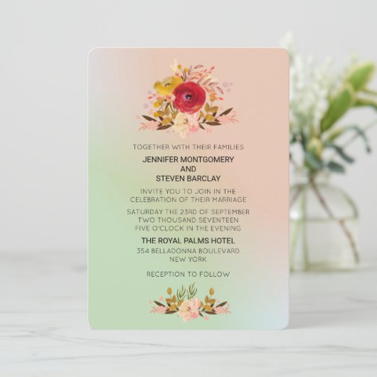 かわいらしフローラウォーター色の結婚花 招待状 (スタンド正面)