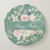 かわいらしフローラグリーンウォーター色ヴィンテージ素朴名 ラウンドクッション (裏面)