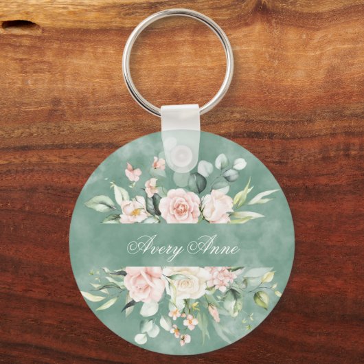 かわいらしフローラグリーンウォーター色ヴィンテージ素朴 キーホルダー (正面)