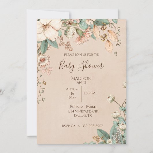 かわいらしフローラスクリプエレガント男女兼用トベビー 招待状 (正面)