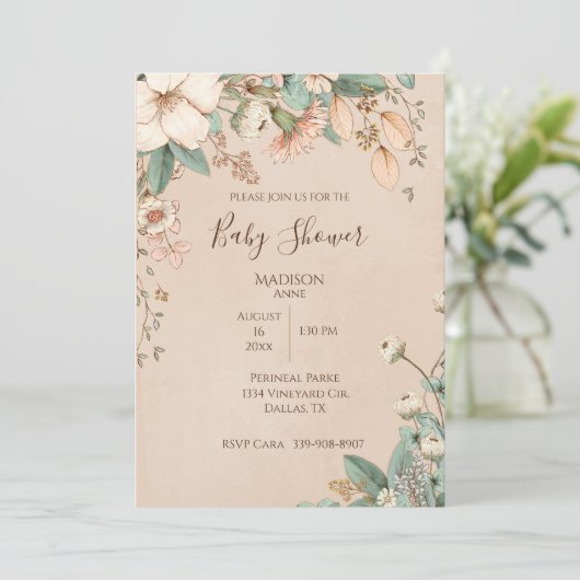 かわいらしフローラスクリプエレガント男女兼用トベビー 招待状 (スタンド正面)