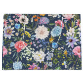 かわいらしフローラネイビー青パタモダンン誕生日 ラージペーパーバッグ (正面)