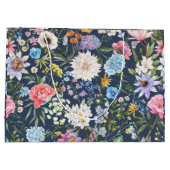 かわいらしフローラネイビー青パタモダンン誕生日 ラージペーパーバッグ (裏面)