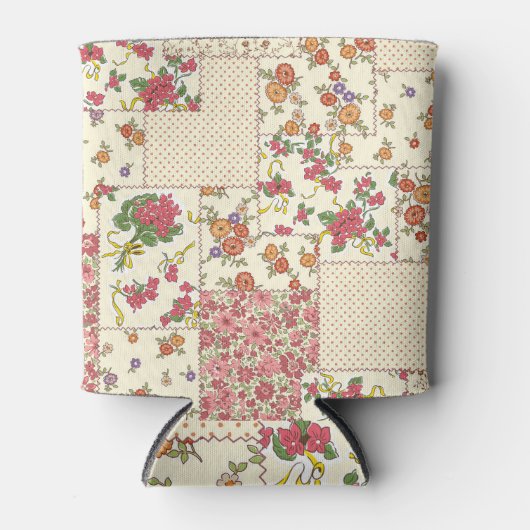 かわいらしフローラパッチワークのシームレスデザイン 缶クーラー (正面)