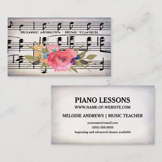 かわいらしフローラピアノ先生ヴィンテージシート 名刺 (正面/裏面)