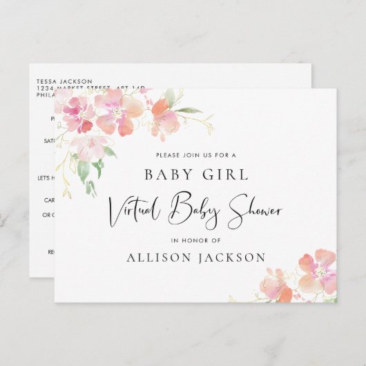 かわいらしフローラピンクコーラル金ゴールドバーチャルベビーシャワー インビテーションポストカード (正面/裏面)