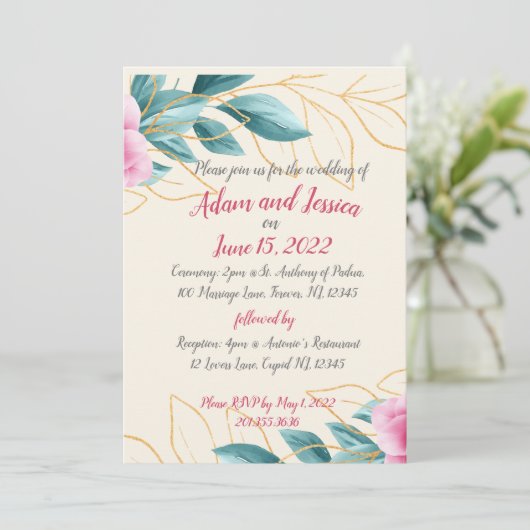 かわいらしフローラピンク金ゴールド結婚式招待状 招待状 (スタンド正面)