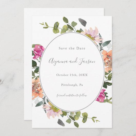 かわいらしフローラフレームと緑結婚色 セーブザデート (正面/裏面)