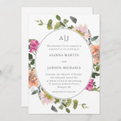 かわいらしフローラフレームと緑結婚色 招待状 (正面/裏面)