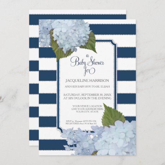 かわいらしフローラブルーネービーエレガントホワイトベビーシャワー 招待状 (正面/裏面)