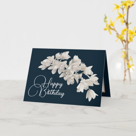 かわいらしフローラモダンオーキッドフラワーネイビー誕生日 カード (黄色い花)