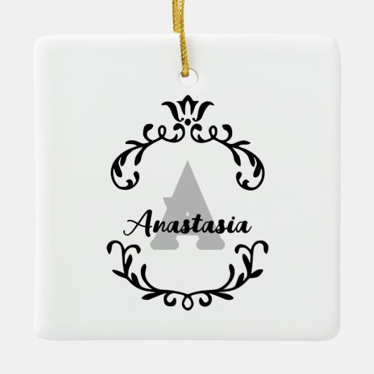 かわいらしフローラモノグラムと名前 セラミックオーナメント (正面)