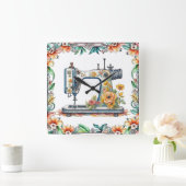 かわいらしフローラヴィンテージ裁縫機と花 スクエア壁時計 (ホーム)