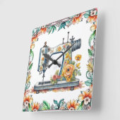 かわいらしフローラヴィンテージ裁縫機と花 スクエア壁時計 (傾斜)