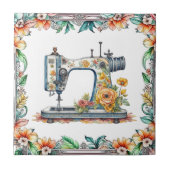 かわいらしフローラヴィンテージ裁縫機と花 タイル (正面)